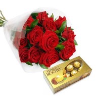 Bouquet especial de 12 rosas y chocolates Ferrero Rocher.